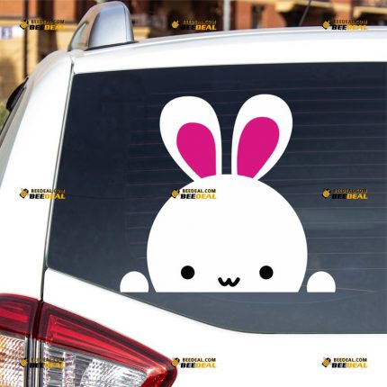 Bunny Sticker Decal Vinyl, Cute Rabbit Animal, White+Pink – For Car Truck Bumper Bike Laptop – Custom, Choose Size – Die Cut No Background