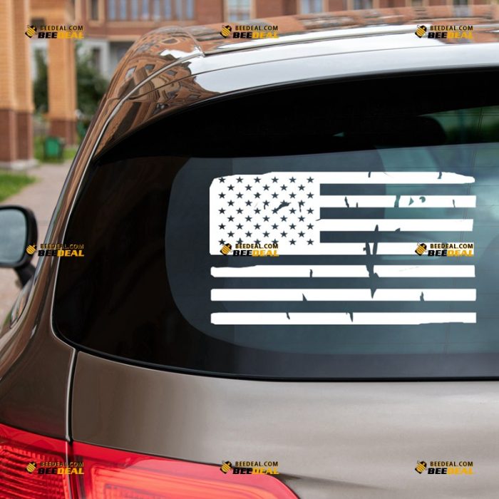 American Flag Sticker Decal Vinyl, Distressed Tattered, White Black Silver Single Color – For Car Truck Bumper Bike Laptop – Custom, Choose Size Color – Die Cut No Background 63031659
