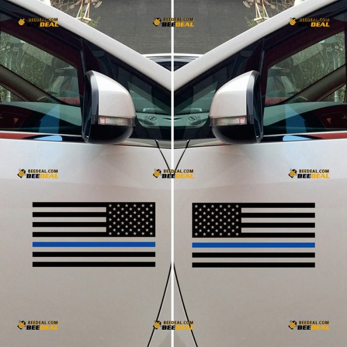 Thin Blue Line Sticker Decal Vinyl, American Flag, Police, White/Black – Mirror Images Reversed – Custom, Choose Size Color – For Car Laptop Window Boat – Die Cut No Background 062632029