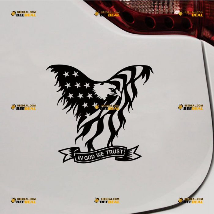 Bald Eagle Sticker Decal Vinyl, American Flag, In God We Trust – Custom Choose Size Color – For Car Laptop Window Boat – Die Cut No Background