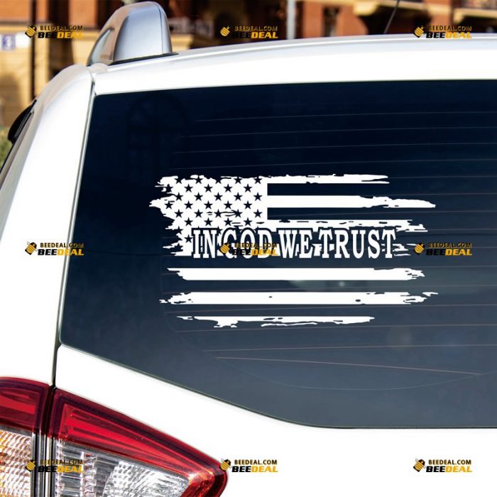 American Flag Sticker Decal Vinyl, In God We Trust, Distressed Tattered – Custom Choose Size Color – For Car Laptop Window Boat – Die Cut No Background 062530936