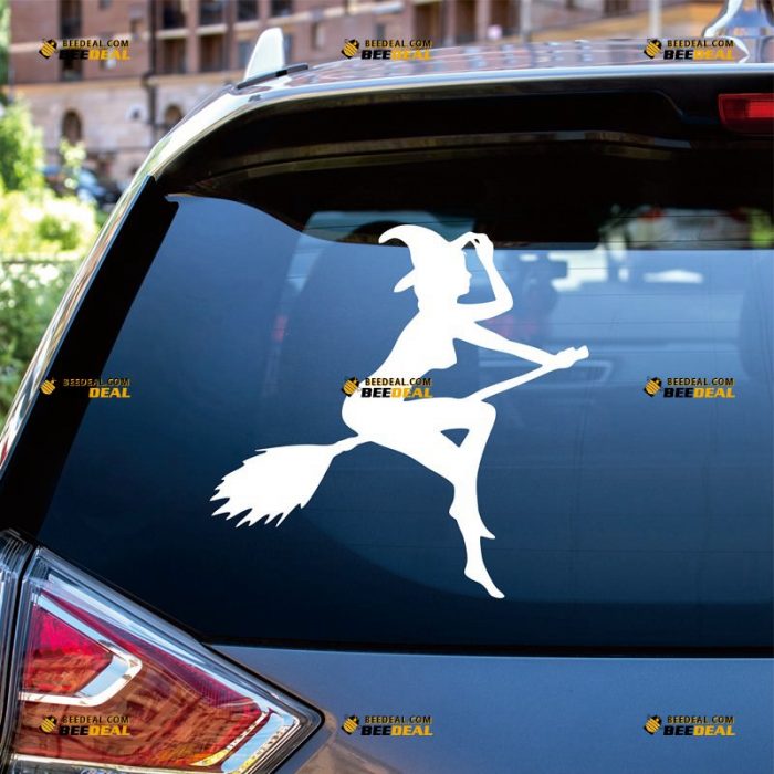 Witch Sticker Decal Vinyl, On Broom, Wicca Lady Girl – Custom Choose Size Color – For Car Laptop Window Boat – Die Cut No Background