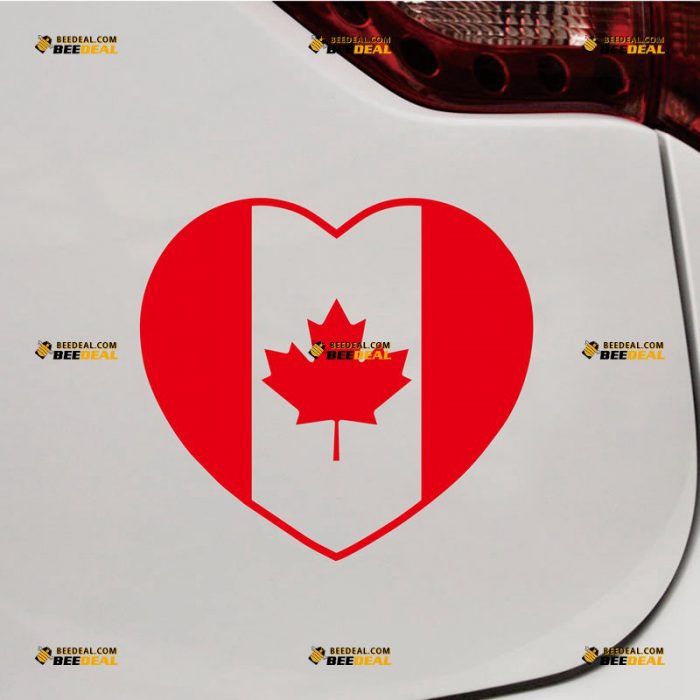 Canada Sticker Decal Vinyl, Love My Ccountry, Heart Shaped Canadian Flag – Custom Choose Size Color – For Car Laptop Window Boat – Die Cut No Background