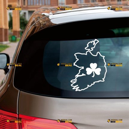 Irish Map Sticker Decal Vinyl, Ireland Outline Silhouette, Shamrock Clover, Home Pride – Custom Choose Size Color – For Car Laptop Window Boat – Die Cut No Background