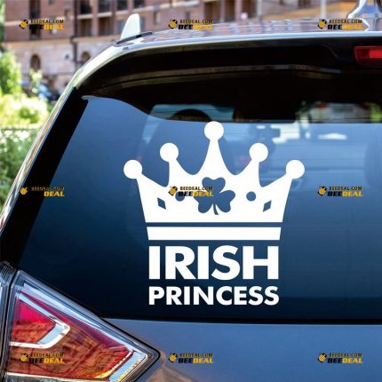 Irish Princess Sticker Decal Vinyl, Crown, Shamrock Clover Irish – Custom Choose Size Color – For Car Laptop Window Boat – Die Cut No Background