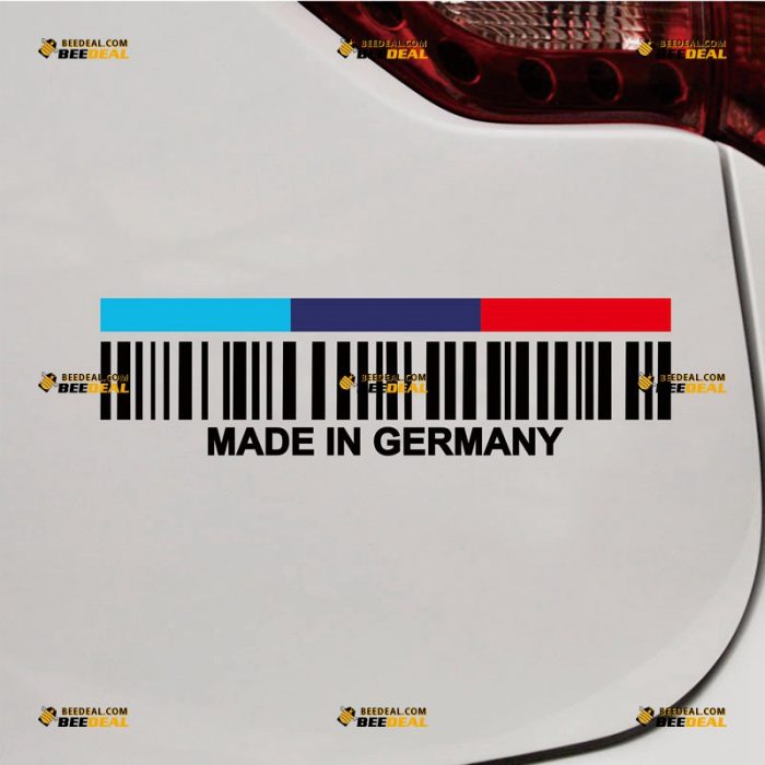 Made In Germany Sticker Decal Vinyl, Fit for BMW, M Tricolor, Funny UPC Barcode – Custom Choose Size Color – For Car Laptop Window Boat – Die Cut No Background