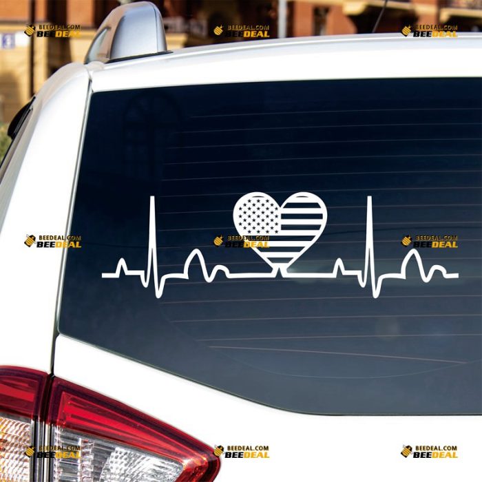 American Flag Heart Beat Sticker Decal Vinyl Love USA – Custom Choose Size Color – For Car Laptop Window Boat – Die Cut No Background
