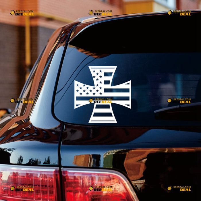 American Flag Iron Cross Sticker Decal Vinyl USA Germany – Custom Choose Size Color – For Car Laptop Window Boat – Die Cut No Background