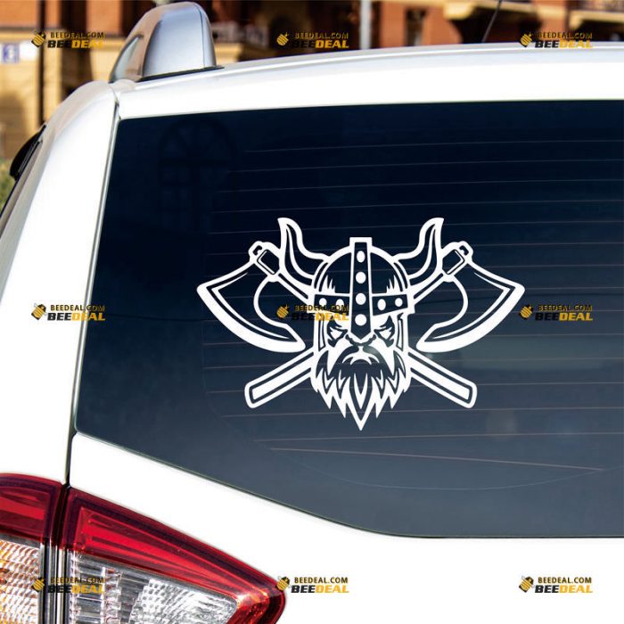 Viking Warrior Sticker Decal Vinyl, Crossed Odin AX, Norse Head – Custom Choose Size Color – For Car Laptop Window Boat – Die Cut No Background