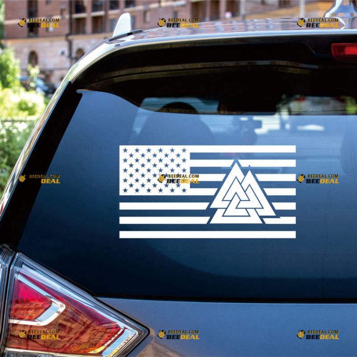 American Flag Valknut Sticker Decal Vinyl, Viking Odin Knot, Norwegian – Custom Choose Size Color – For Car Laptop Window Boat – Die Cut No Background 06153a