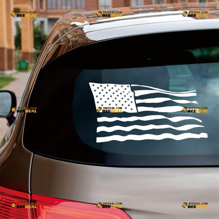 Waving American Flag Sticker Decal Vinyl America – Custom Choose Size Color – For Car Laptop Window Boat – Die Cut No Background 082302