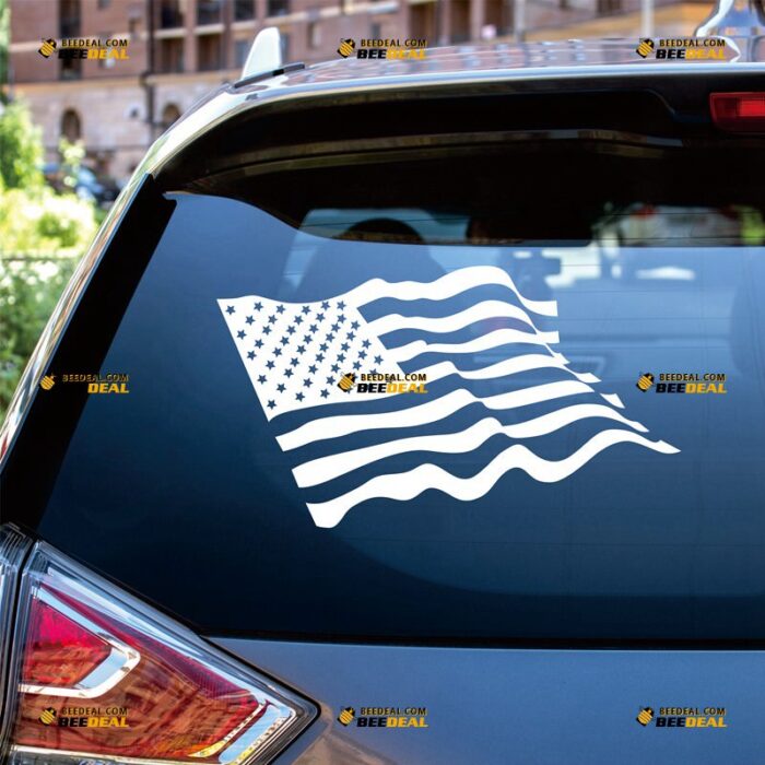 Waving American Flag Sticker Decal Vinyl America – Custom Choose Size Color – For Car Laptop Window Boat – Die Cut No Background 082303