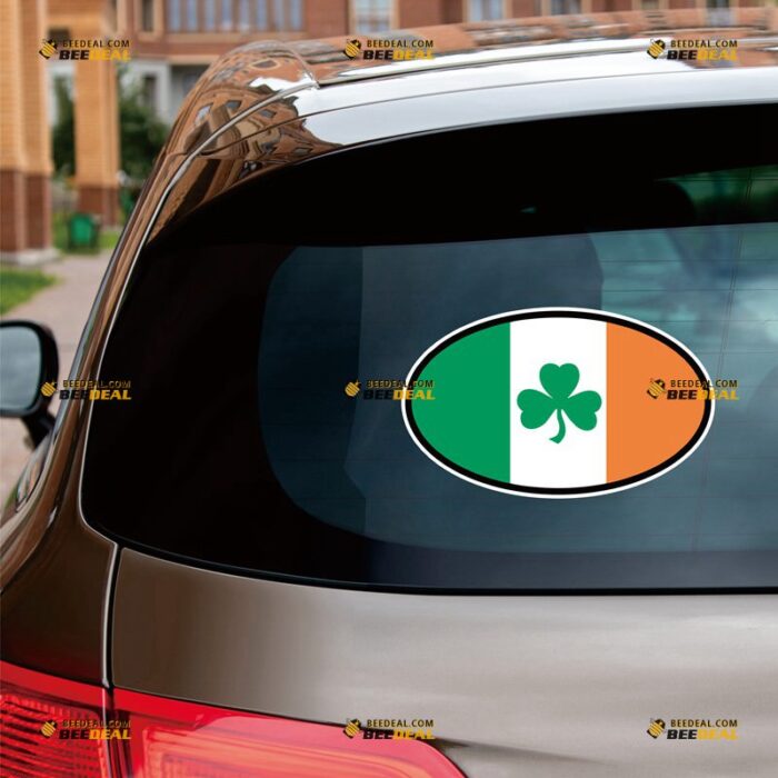Ireland Sticker Decal Vinyl, Irish Oval Flag, Shamrock Three Leaves Flower – For Car Truck Bumper Bike Laptop – Custom, Choose Size, Reflective or Glossy 71632144