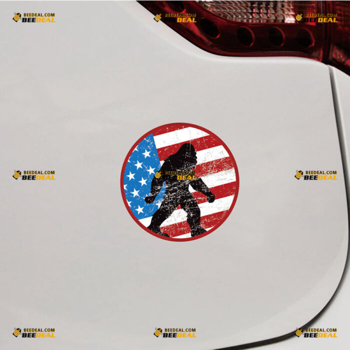 American Flag Bigfoot Sasquatch Sticker Decal Vinyl Circle, Distressed Tattered – For Car Truck Bumper Bike Laptop – Custom, Choose Size, Reflective or Glossy