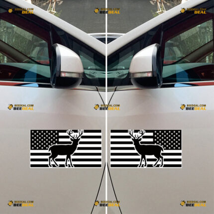 American Flag Buck Deer Sticker Decal Vinyl Hunting Life, 4x4 Off Road – Pair, Mirror Images Reversed – Fit For Ford Chevy GMC Toyota Jeep Car Pickup Truck