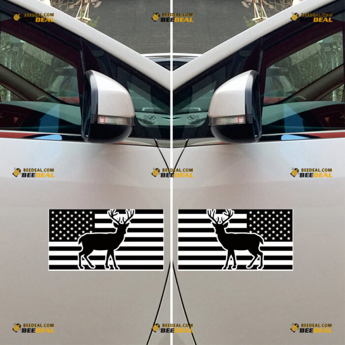 American Flag Buck Deer Sticker Decal Vinyl Hunting Life, 4x4 Off Road – Pair, Mirror Images Reversed – Fit For Ford Chevy GMC Toyota Jeep Car Pickup Truck