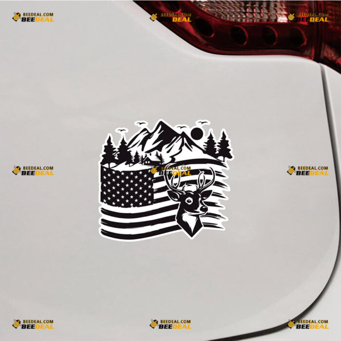American Flag Deer Head Sticker Decal Vinyl Pine Tree, Camping Hunting Life, Sunset – For Car Truck Bumper Window – Custom, Choose Size, Reflective or Glossy