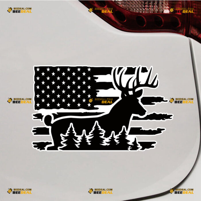 American Flag Deer Moose Sticker Decal Vinyl Pine Tree Hunting Life Distressed, 4x4 Off Road – Fit For Ford Chevy GMC Toyota Jeep Car Pickup Truck