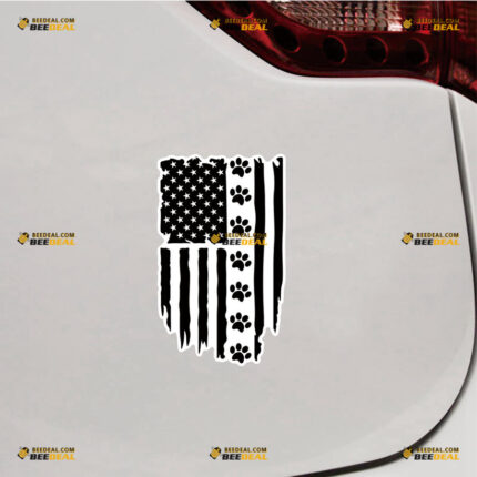 American Flag Sticker Decal Vinyl Dog Cat Paw Print Inside, Distressed Black – For Car Truck Bumper Bike Laptop – Custom, Choose Size, Reflective or Glossy