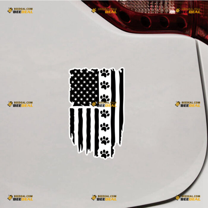 American Flag Sticker Decal Vinyl Dog Cat Paw Print Inside, Distressed Black – For Car Truck Bumper Bike Laptop – Custom, Choose Size, Reflective or Glossy