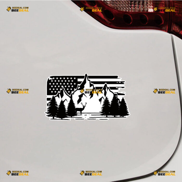 American Flag Sticker Decal Vinyl Mountain Deer Pine Tree Hunting Camping Life, 4x4 Off Road – Fit For Ford Chevy GMC Toyota Jeep Car Pickup Truck