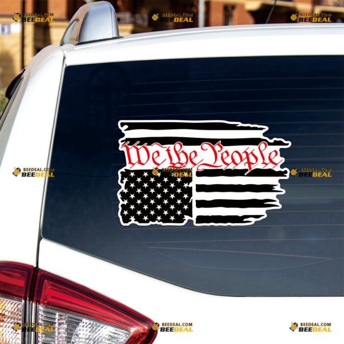 American Flag Sticker Decal Vinyl We The People Distressed Black Flag Red Text – For Car Truck Bumper Bike Laptop – Custom, Choose Size, Reflective or Glossy