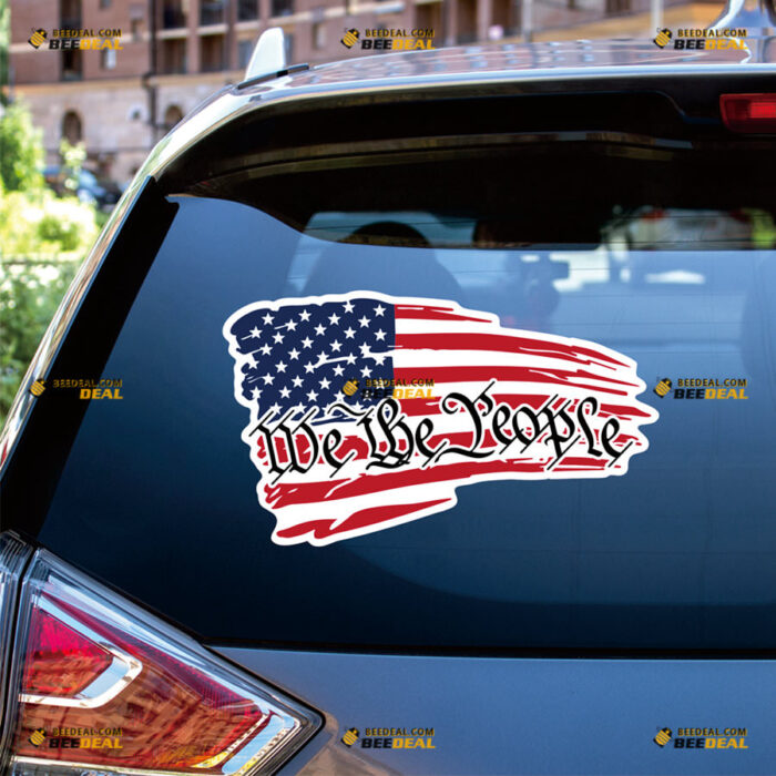 American Flag Sticker Decal Vinyl We The People, Quote Distressed – For Car Truck Bumper Bike Laptop – Custom, Choose Size, Reflective or Glossy