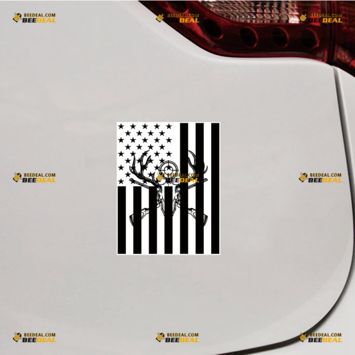 American Flag Vertical Deer Head Sticker Decal Vinyl Hunting Crossed Rifle Gun – For Car Truck Bumper Bike Laptop – Custom, Choose Size, Reflective or Glossy