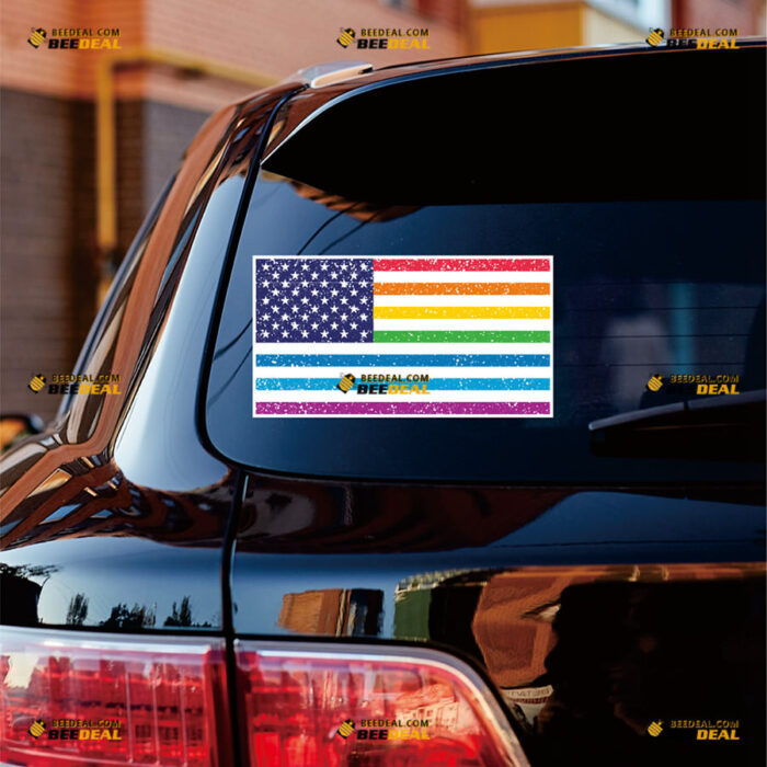 American USA Flag Sticker Decal Vinyl LGBT Gay Pride Rainbow, Distressed Tattered – For Car Truck Bumper Bike Laptop – Custom, Choose Size, Reflective or Glossy