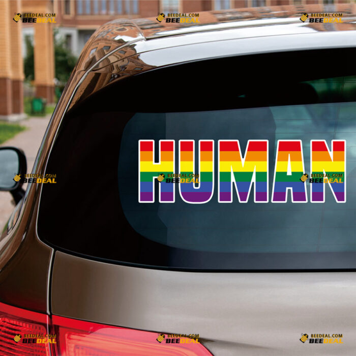 Human LGBT Sticker Decal Vinyl Gay Pride Rainbow Flag Text – For Car Truck Bumper Bike Laptop – Custom, Choose Size, Reflective or Glossy