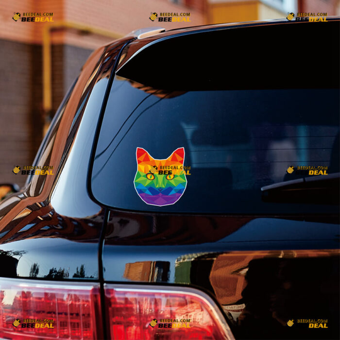 LGBT Sticker Decal Vinyl Geometric Art Cat Face, Gay Pride Rainbow – For Car Truck Bumper Bike Laptop – Custom, Choose Size, Reflective or Glossy