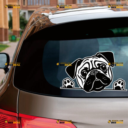 Peeking Pug Dog Sticker Decal Vinyl Car Rear Windshield – For Car Truck Bumper Bike Laptop – Custom, Choose Size, Reflective or Glossy
