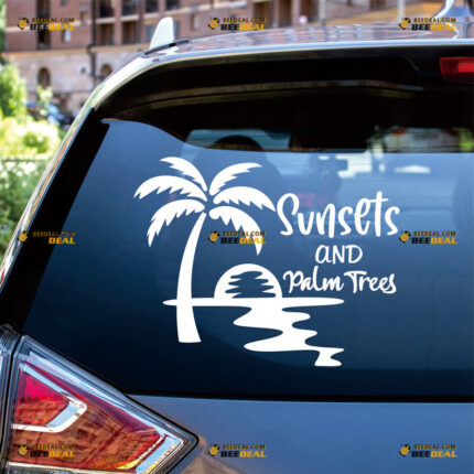 Sunsets And Palm Trees Sticker Decal Vinyl Hawaii Life – For Car Truck Bumper Bike Laptop – Custom, Choose Size Color – Die Cut No Background