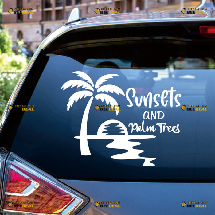 Sunsets And Palm Trees Sticker Decal Vinyl Hawaii Life – For Car Truck Bumper Bike Laptop – Custom, Choose Size Color – Die Cut No Background