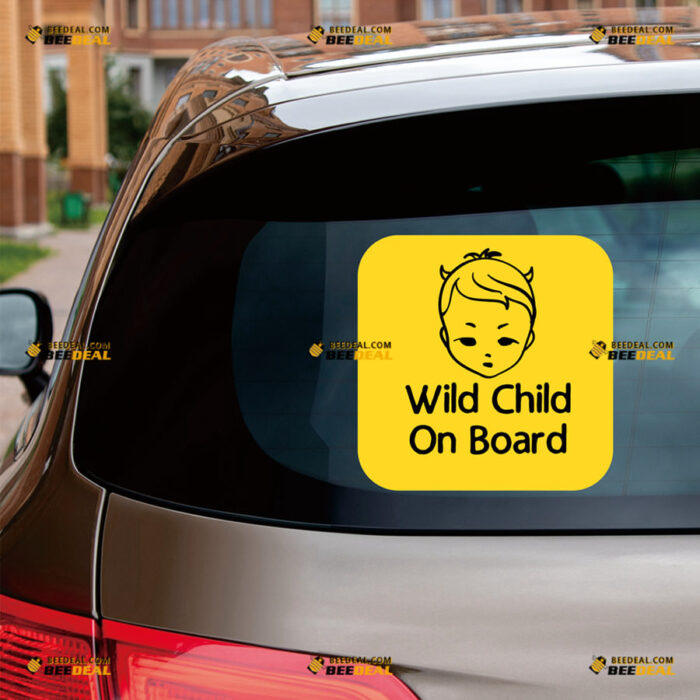 Wild Child Baby Kid On Board Sticker Decal Vinyl Yellow Square – For Car Truck Bumper Window – Custom, Choose Size, Reflective or Glossy