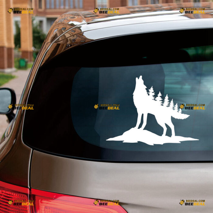 Wolf Howling Wolves Sticker Decal Vinyl Back, Pine Trees – For Car Truck Bumper Bike Laptop – Custom, Choose Size Color – Die Cut No Background