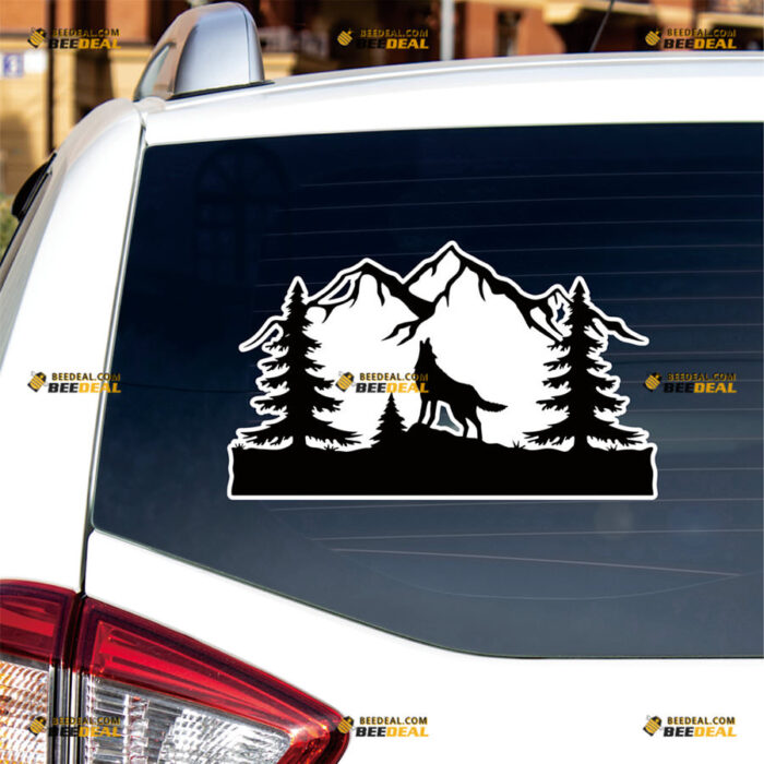 Wolf Howling Wolves Mountain Sticker Decal Vinyl Pine Trees, 4X4 Off Road – Fit For Ford Chevy GMC Toyota Jeep Car Pickup Truck – Custom, Choose Size, Reflective or Glossy