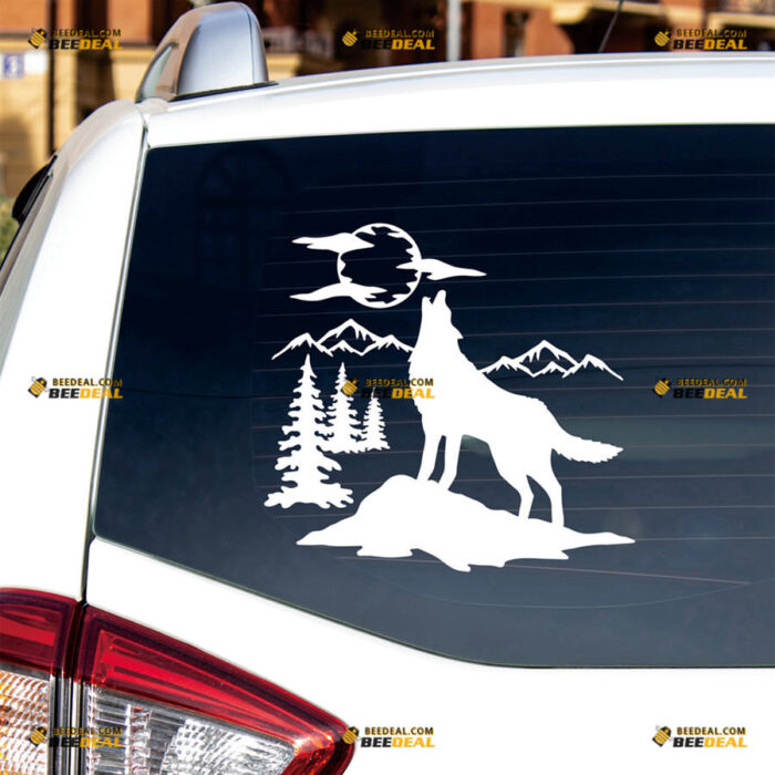 Wolf Howling Wolves Mountain Sticker Decal Vinyl Sun, Pine Trees, 4X4 Off Road – Fit For Ford Chevy GMC Toyota Jeep Car Pickup Truck – Custom, Choose Size Color