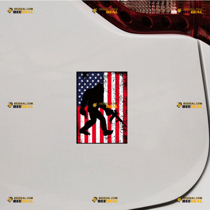 American Flag Bigfoot Sasquatch Sticker Decal Vinyl Carrying Gun Rifle Pistol, Distressed Tattered – For Car Truck Bumper Bike Laptop – Custom, Choose Size, Reflective or Glossy