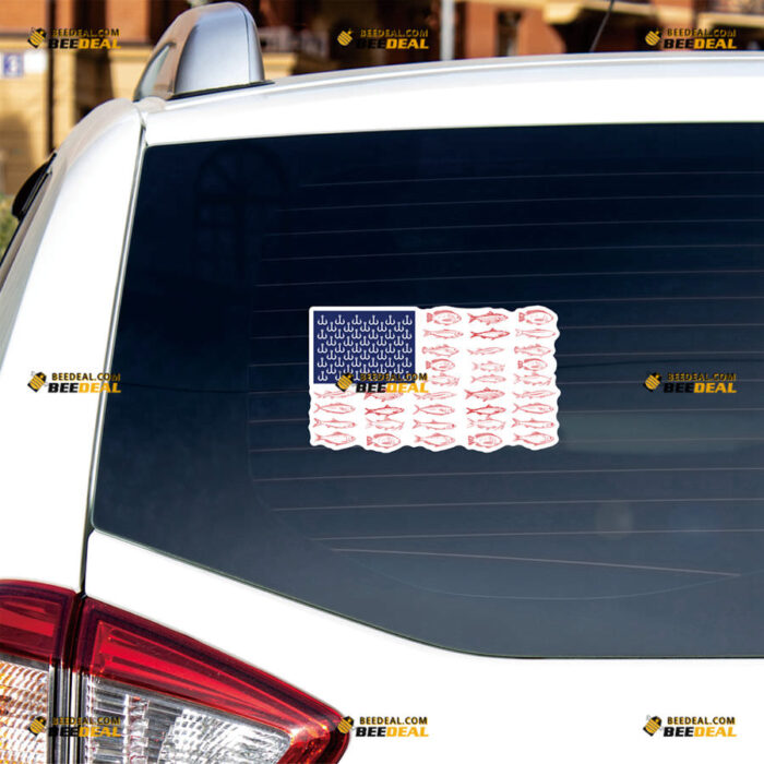 American Flag Fish Sticker Decal Vinyl Hook Fishing Life Patriotic – For Car Truck Bumper Bike Laptop – Custom, Choose Size, Reflective or Glossy