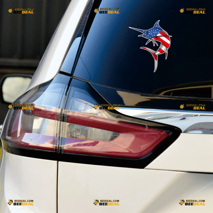 American Flag Marlin Fish Sticker Decal Vinyl Patriotic Fishing – For Car Truck Bumper Bike Laptop – Custom, Choose Size, Reflective or Glossy
