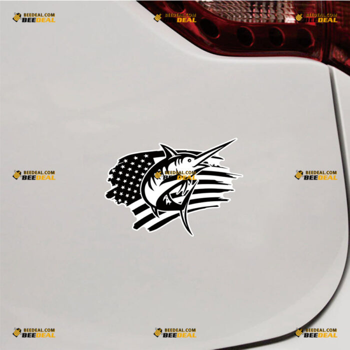 American Flag Marlin Fish Sticker Decal Vinyl Patriotic Fishing Black Distressed – For Car Truck Bumper Bike Laptop – Custom, Choose Size, Reflective or Glossy