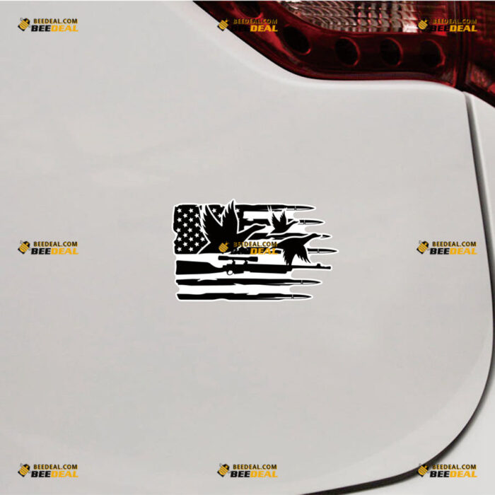 American Flag Sticker Decal Vinyl Flying Ducks, Shotgun Rifle Gun, Hunting Life Distressed Tattered – For Car Truck Bumper Bike Laptop – Custom, Choose Size, Reflective or Glossy