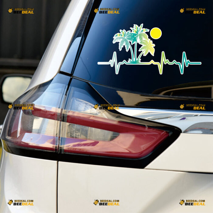 Hawaii Life Sticker Decal Vinyl Palm Tree Beach Sunset Heartbeat – For Car Truck Bumper Bike Laptop – Custom, Choose Size, Reflective or Glossy