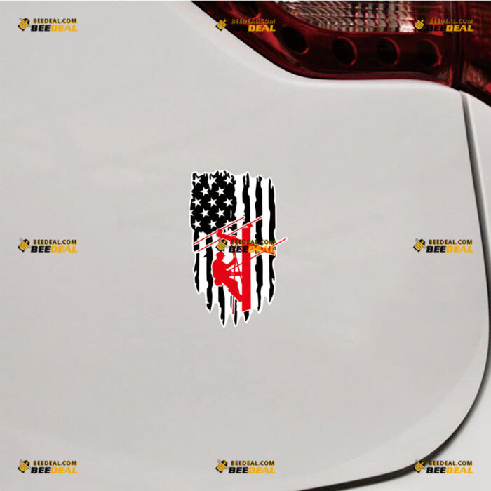Lineman American Flag Sticker Decal Vinyl Electrical Power Line Pole, Black Red Vertical Distressed Tattered – For Car Truck Bumper Bike Laptop – Custom, Choose Size