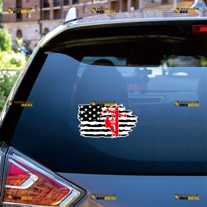 Lineman American Flag Sticker Decal Vinyl Electrical Power Line Pole, Black Red Distressed Tattered – For Car Truck Bumper Bike Laptop – Custom, Choose Size, Reflective or Glossy