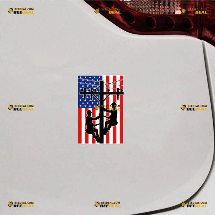 Lineman American Flag Sticker Decal Vinyl Electrical Power Line Pole, Vertical – For Car Truck Bumper Bike Laptop – Custom, Choose Size, Reflective or Glossy