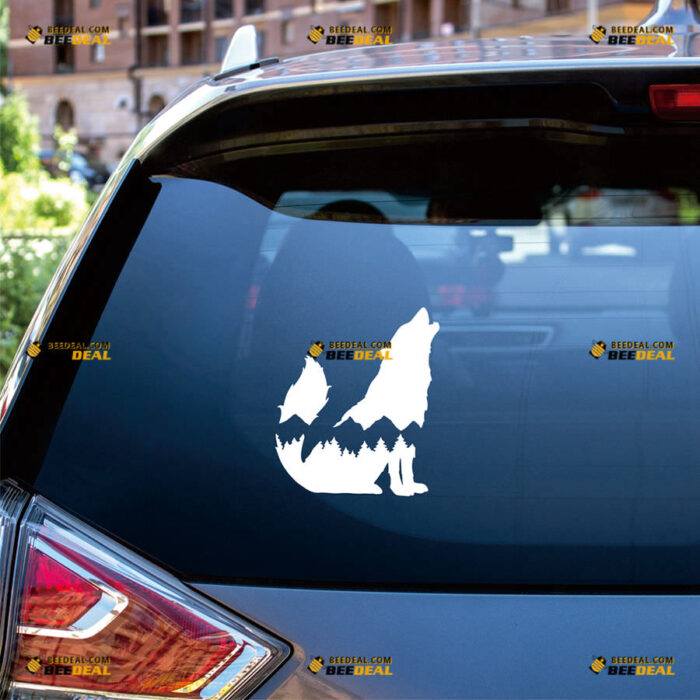 Wolf Howling Mountain Sticker Decal Vinyl Pine Treeline Adventure Hiking Camping, 4x4 Off Road – Fit For Ford Chevy GMC Toyota Jeep Car Pickup Truck – Custom, Choose Size Color