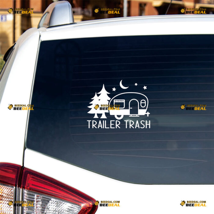 Trailer Trash RV Camper Sticker Decal Vinyl Night, Pine Tree, Funny – For Car Truck Bumper Window – Custom, Choose Size Color – Die Cut No Background