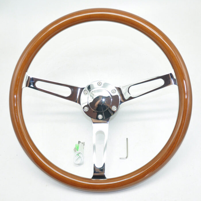Classic Car Wood Steering Wheel - Bright Plated Brown Stainless Steel Spokes 380MM 15 Inch 6 Holes Universal